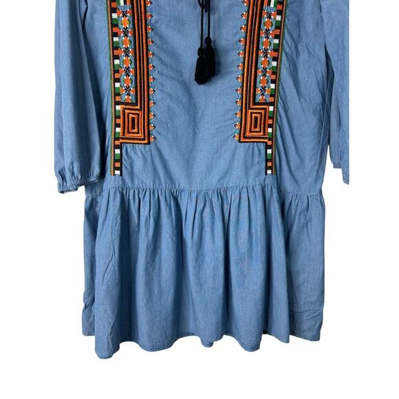 J J's Fairyland Dress Size Small Chambray Embroidered Tassle Tie Prairie Cottage - Picture 3 of 10